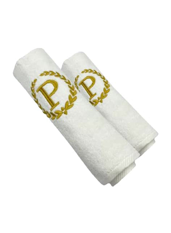 BYFT 2-Piece 100% Cotton Embroidered Letter P Bath & Hand Towel Set, White/Gold
