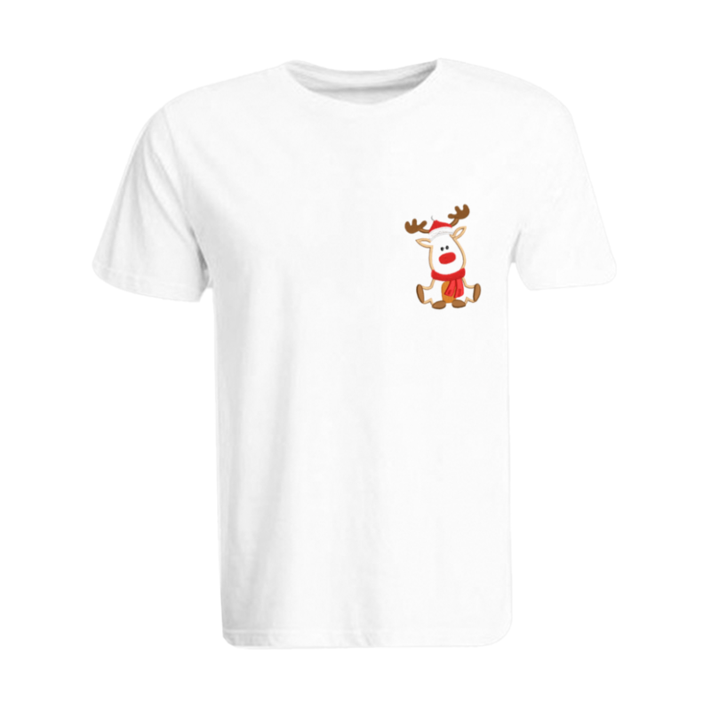 BYFT (White) Holiday Themed Embroidered Cotton T-shirt (Reindeer With Christmas Cap) Unisex Personalized Round Neck T-shirt (XL)-Set of 1 pc-190 GSM