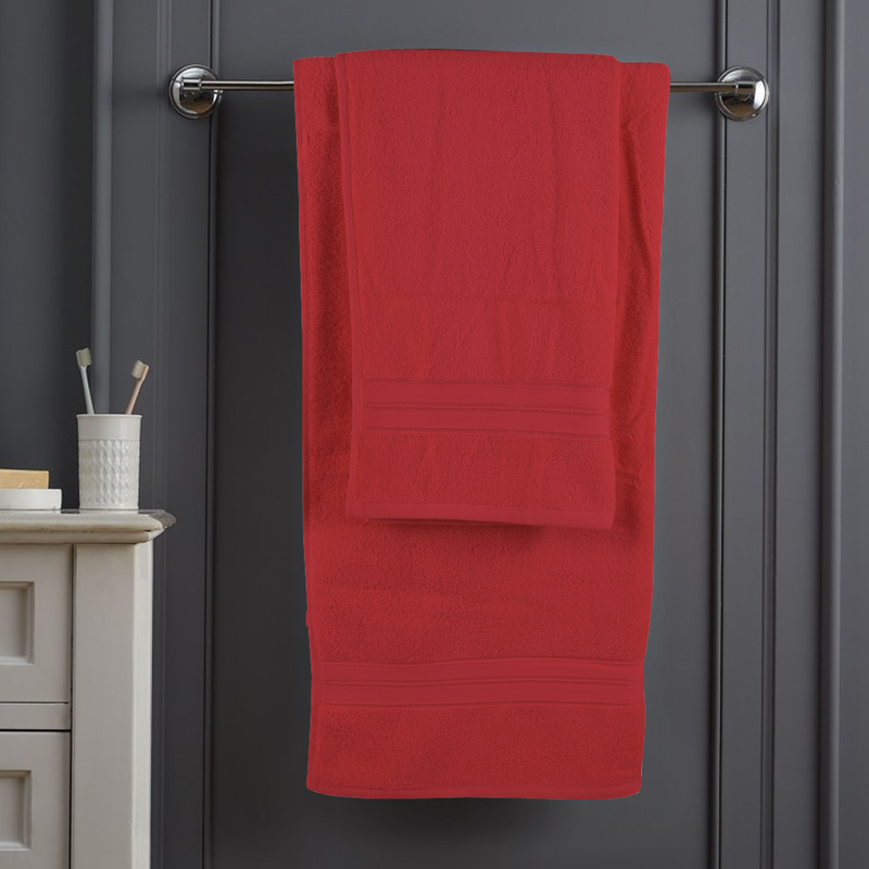 BYFT Home Trendy (Red) Hand Towel (50 x 90 Cm) & Bath Towel (70 x 140 Cm) 100% Cotton Highly Absorbent, High Quality Bath linen with Striped Dobby 550 Gsm Set of 2