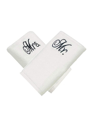 BYFT 2-Piece 100% Cotton Embroidered Mrs. & Mr. Bath Towel, 70 x 140cm, White