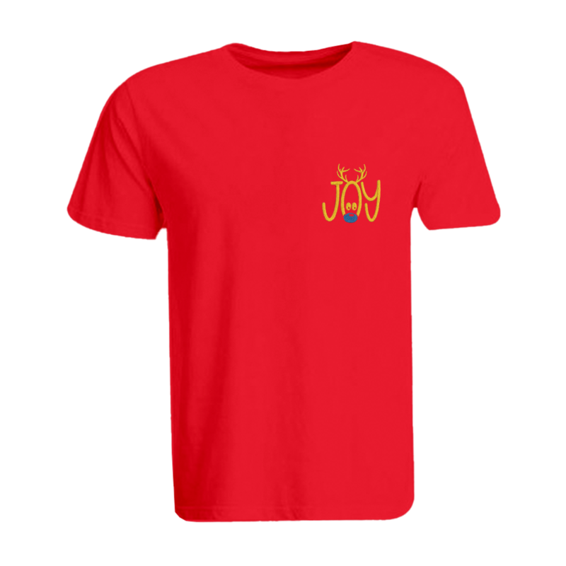 BYFT (Red) Holiday Themed Embroidered Cotton T-shirt (Reindeer Joy) Unisex Personalized Round Neck T-shirt (XL)-Set of 1 pc-190 GSM