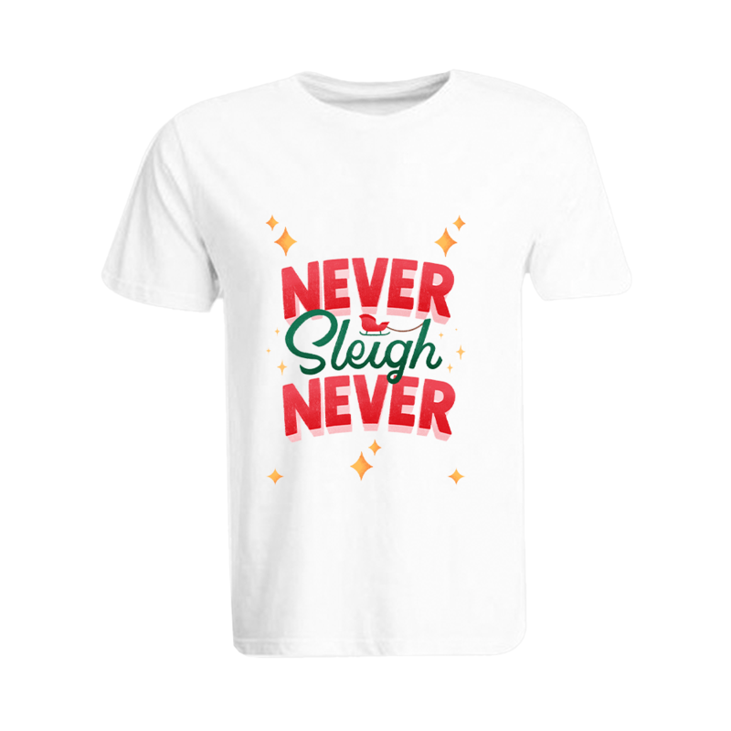 

BYFT (White) Holiday Themed Printed Cotton T-shirt (Never Sleigh Never) Unisex Personalized Round Neck T-shirt (XL)-Set of 1 pc-190 GSM