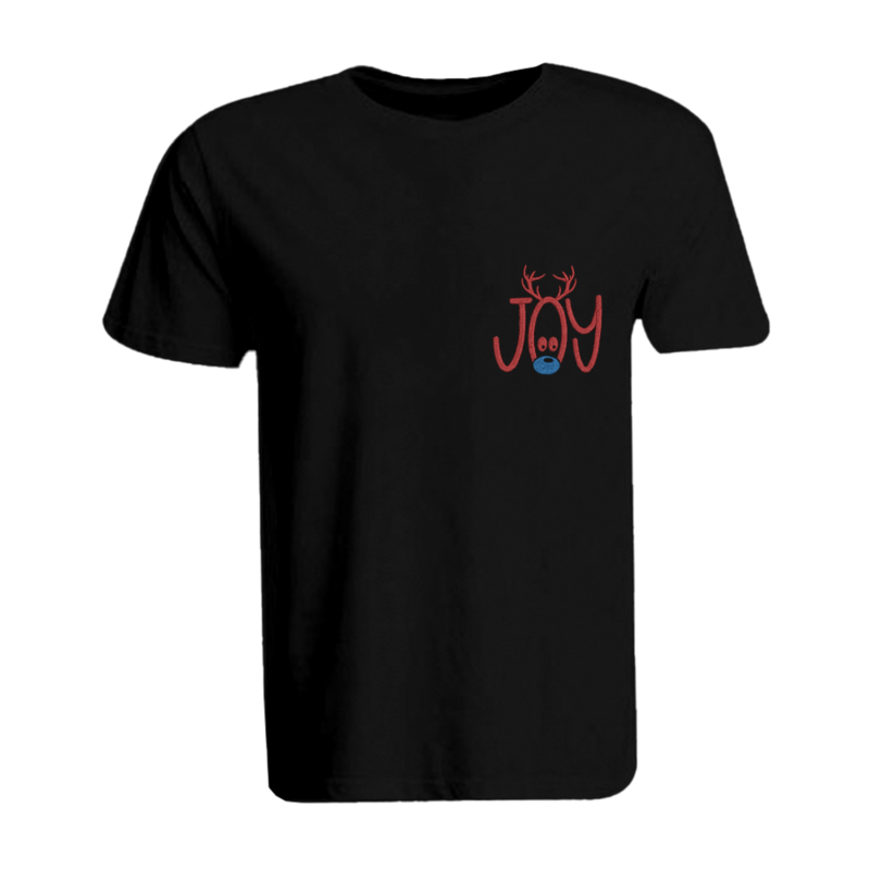 

BYFT (Black) Holiday Themed Embroidered Cotton T-shirt (Reindeer Joy) Unisex Personalized Round Neck T-shirt (XL)-Set of 1 pc-190 GSM