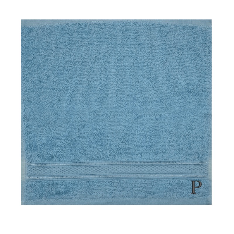 BYFT Daffodil (Light Blue) Monogrammed Face Towel (30 x 30 Cm-Set of 6) 100% Cotton, Absorbent and Quick dry, High Quality Bath Linen-500 Gsm Black Thread Letter "P"