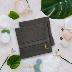 BYFT Daffodil (Dark Grey) Monogrammed Face Towel (30 x 30 Cm-Set of 6) 100% Cotton, Absorbent and Quick dry, High Quality Bath Linen-500 Gsm Golden Thread Letter "L"