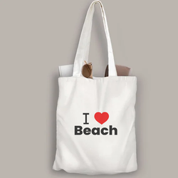 BYFT White Cotton Flat Tote Bag (I Love Beach)