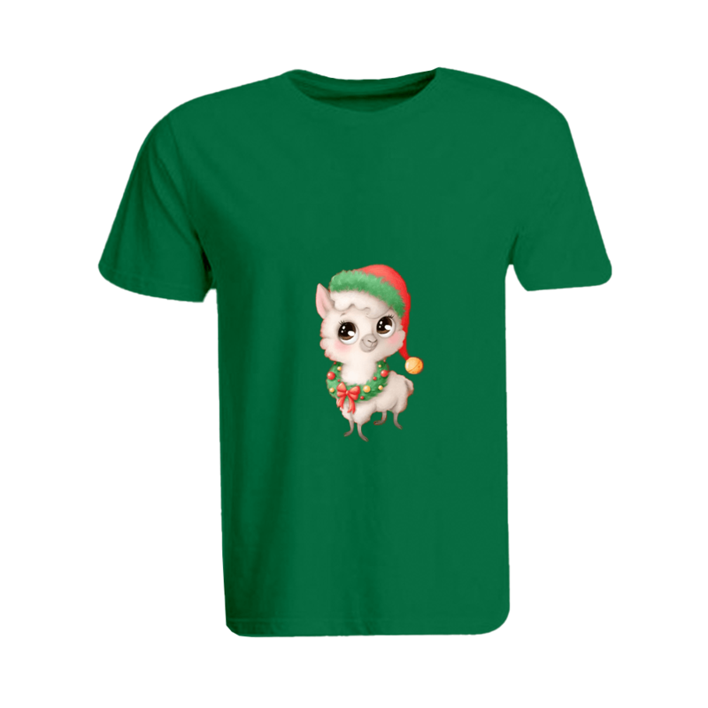 BYFT (Green) Holiday Themed Printed Cotton T-shirt (Llama with Christmas Cap) Unisex Personalized Round Neck T-shirt (Small)-Set of 1 pc-190 GSM