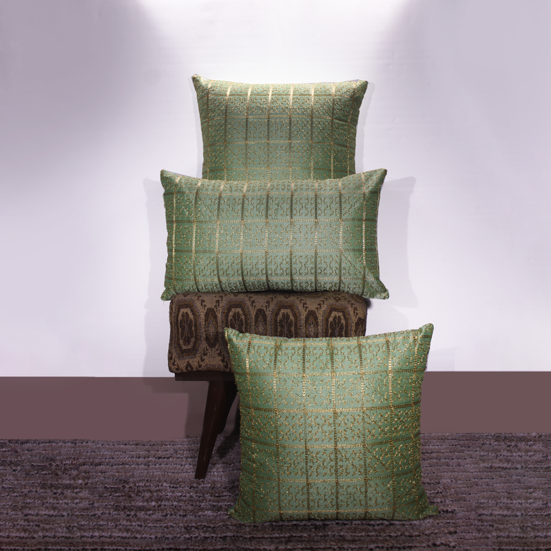 

BYFT Orchard Cushion Cover 12 x 20 inch (Golden Checks Design - Green) 30 x 50 cm Luxury Decorative Cushion Cover for Sofa, Bed & Living Room- Set of
