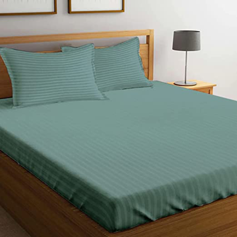 BYFT Tulip 100% Cotton Satin Stripe Fitted Bed Sheet, 300 Tc, 1cm, 160 x 210 + 30cm, Queen, Sea Green