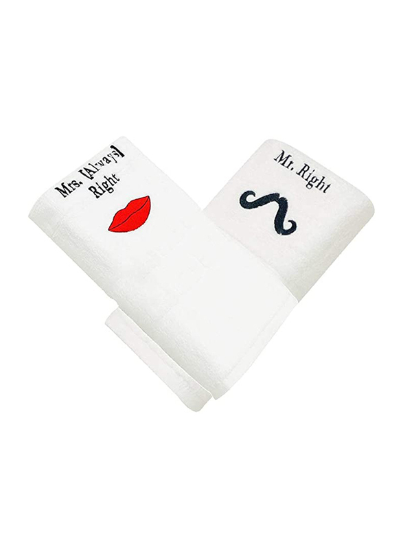 BYFT 2-Piece 100% Cotton Embroidered Mrs. Always Right & Mr. Right Bath Towel, 70 x 140, White