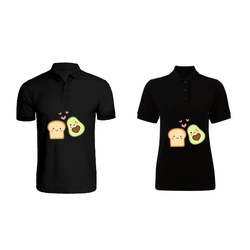 BYFT (Black) Couple Printed Cotton T-shirt (Avocado Toast) Personalized Polo Neck T-shirt (Medium)-Set of 2 pcs-220 GSM