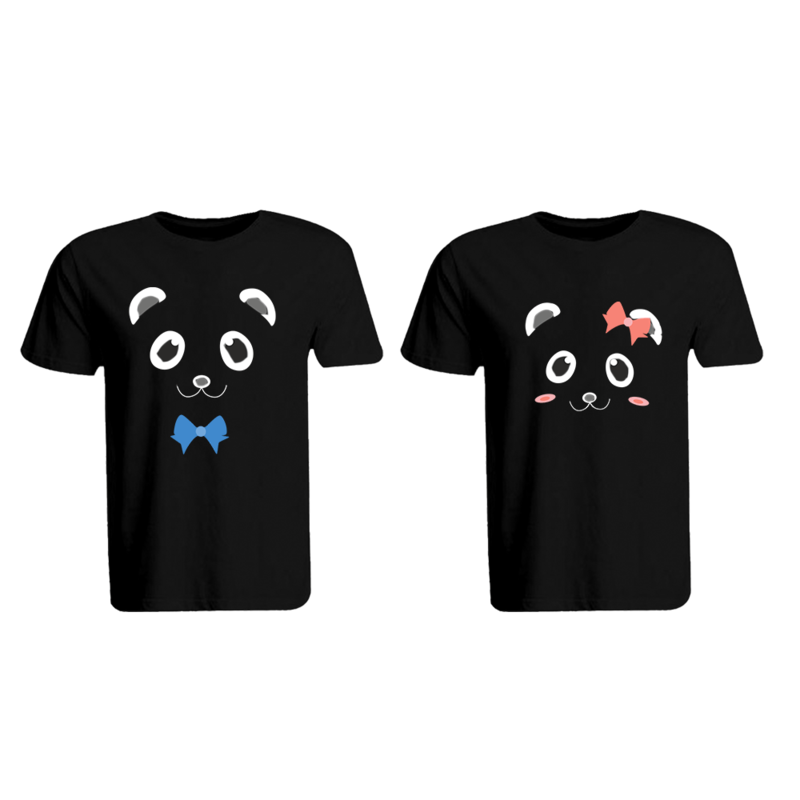 BYFT (Black) Couple Printed Cotton T-shirt (Mr. & Mrs. Panda) Personalized Round Neck T-shirt (Medium)-Set of 2 pcs-190 GSM