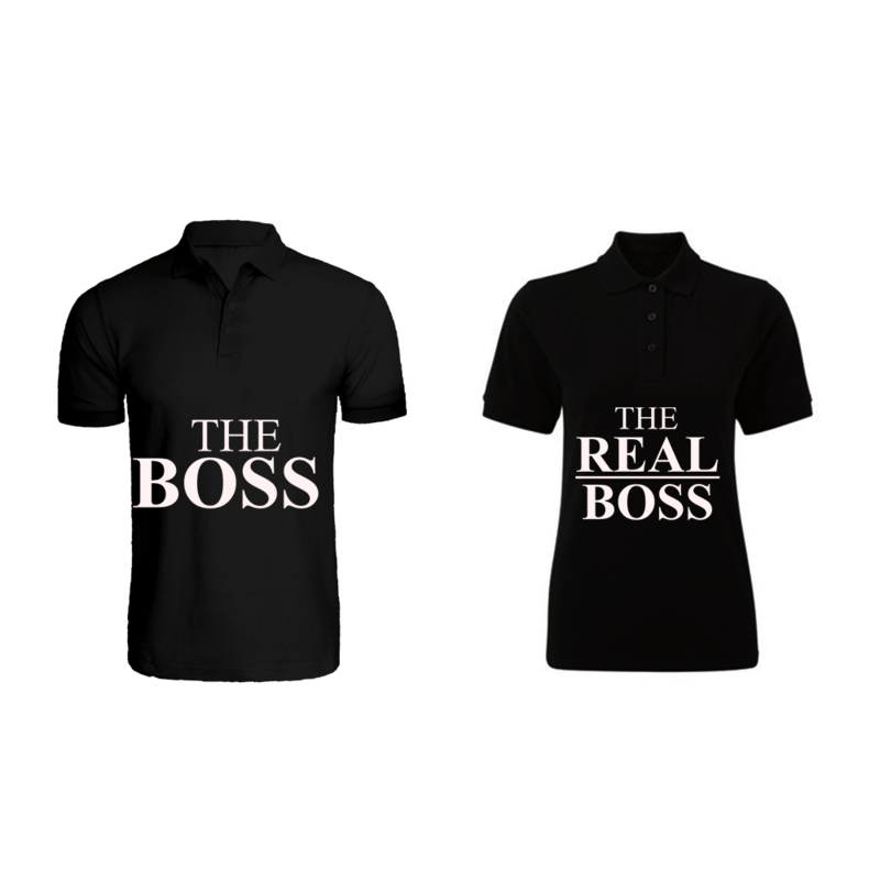 BYFT (Black) Couple Printed Cotton T-shirt (The Boss & The Real Boss) Personalized Polo Neck T-shirt (Large)-Set of 2 pcs-220 GSM