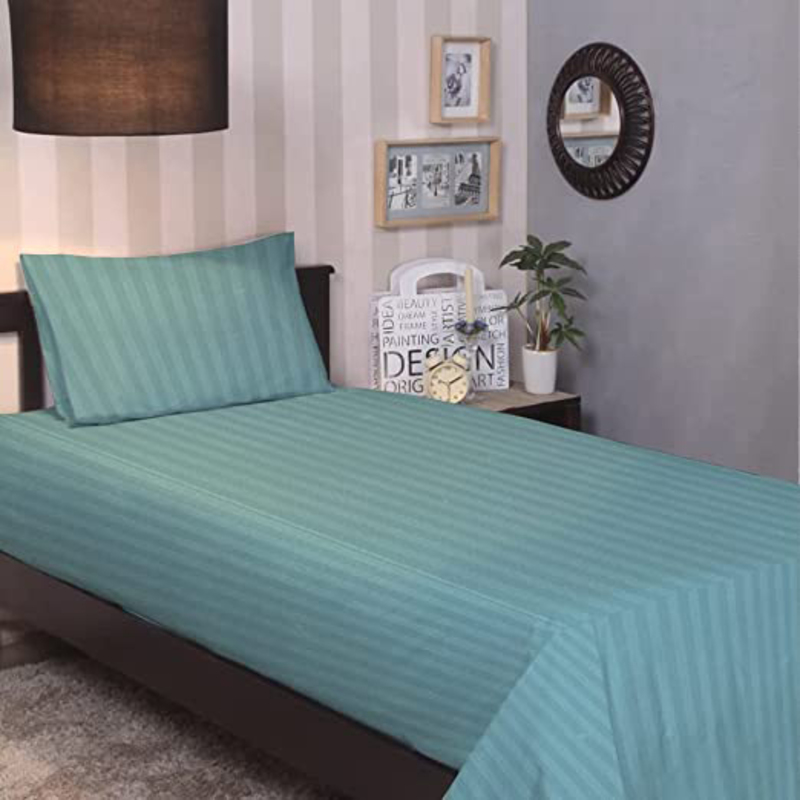 BYFT Tulip 100% Cotton Satin Stripe Flat Bed Sheet, 300 Tc, 1cm, 160 x 280cm, Single, Sea Green