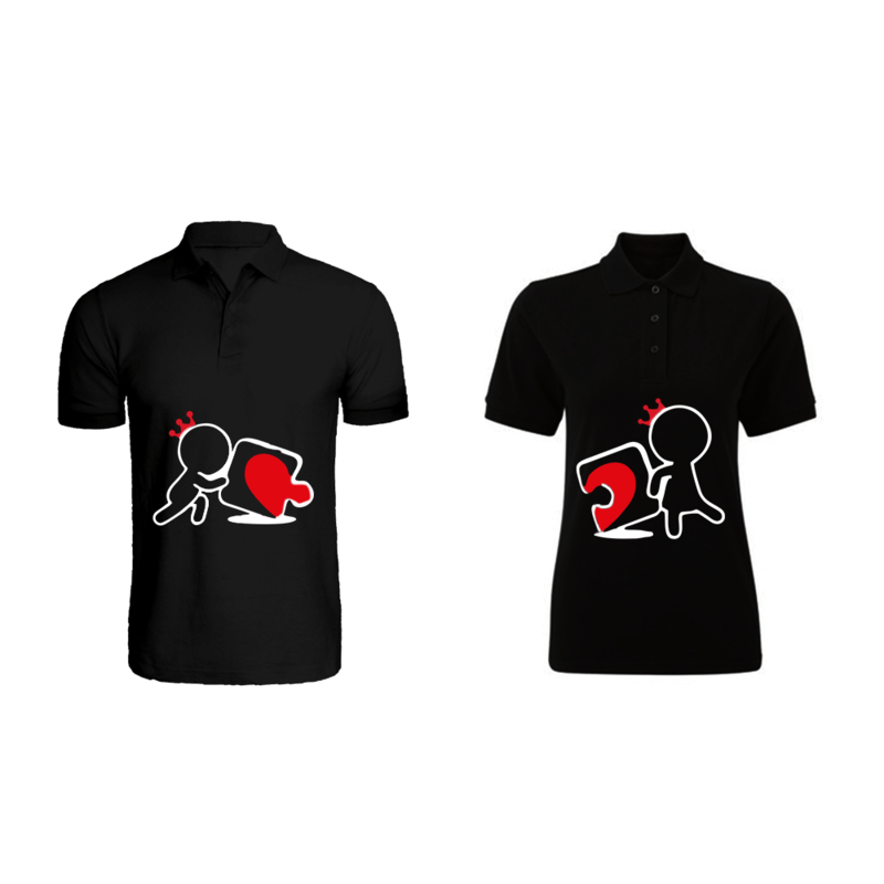 BYFT (Black) Couple Printed Cotton T-shirt (Perfect Match) Personalized Polo Neck T-shirt (2XL)-Set of 2 pcs-220 GSM
