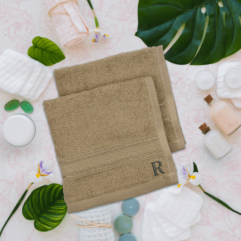 BYFT Daffodil (Light Beige) Monogrammed Face Towel (30 x 30 Cm-Set of 6) 100% Cotton, Absorbent and Quick dry, High Quality Bath Linen-500 Gsm Black Thread Letter "R"