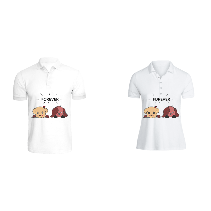 

BYFT (White) Couple Printed Cotton T-shirt (Forever) Personalized Polo Neck T-shirt (Small)-Set of 2 pcs-220 GSM