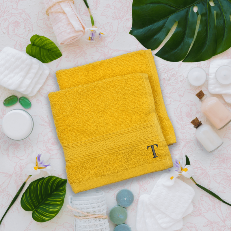 BYFT Daffodil (Yellow) Monogrammed Face Towel (30 x 30 Cm-Set of 6) 100% Cotton, Absorbent and Quick dry, High Quality Bath Linen-500 Gsm Black Thread Letter "T"