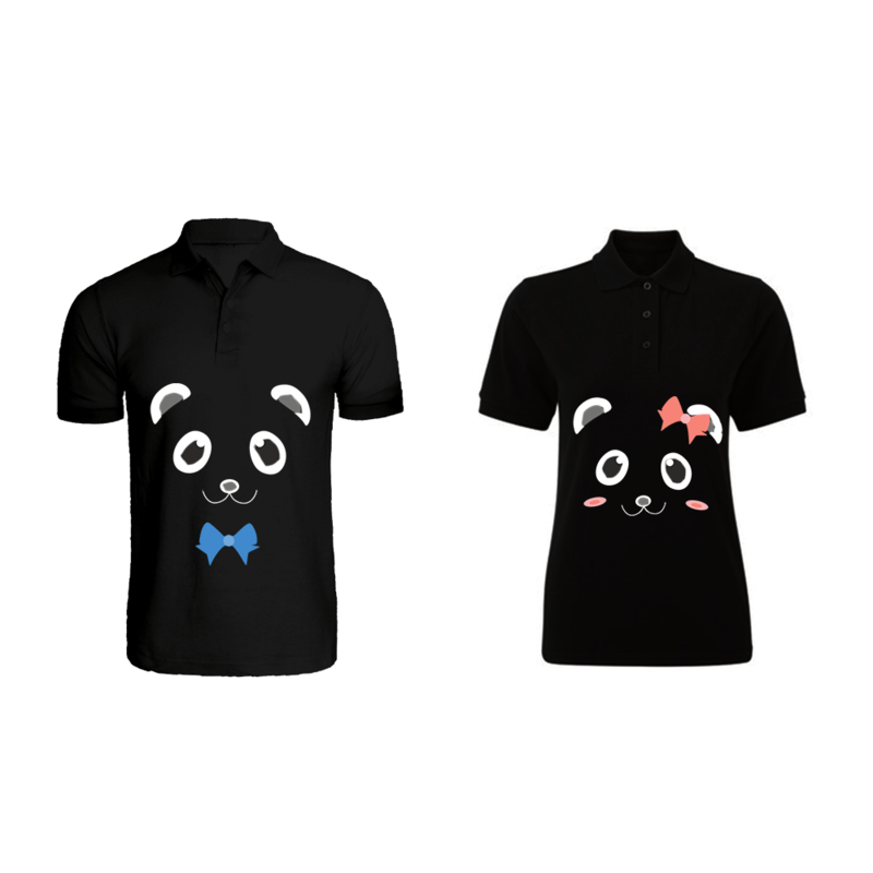 BYFT (Black) Couple Printed Cotton T-shirt (Mr. & Mrs. Panda) Personalized Polo Neck T-shirt (XL)-Set of 2 pcs-220 GSM