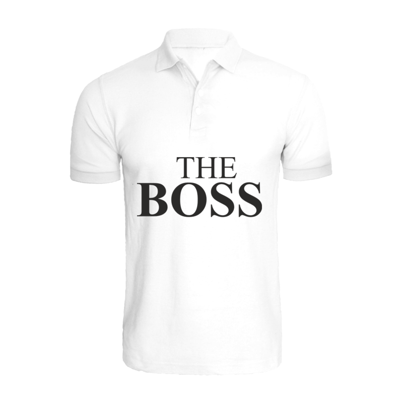 

BYFT (White) Printed Cotton T-shirt (The Boss) Personalized Polo Neck T-shirt For Men (Large)-Set of 1 pc-220 GSM