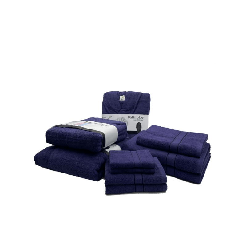 Daffodil(Navy Blue)100% Cotton Premium Bath Linen Set(2 Face,2 Hand,2 Adult & 1 Kids Bath Towels with 2 Adult & 1,12yr Kids Bathrobe)Super Soft,Quick Dry & Highly Absorbent Family Pack of 10Pc