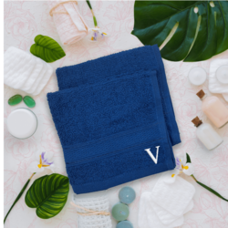 BYFT Daffodil (Royal Blue) Monogrammed Face Towel (30 x 30 Cm-Set of 6) 100% Cotton, Absorbent and Quick dry, High Quality Bath Linen-500 Gsm White Thread Letter "V"