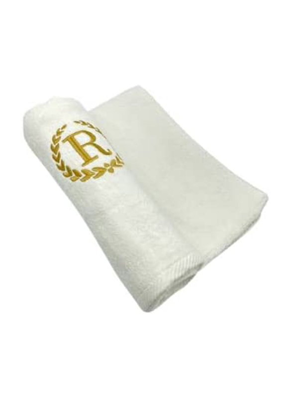 BYFT 2-Piece 100% Cotton Embroidered Letter R Bath & Hand Towel Set, White/Gold