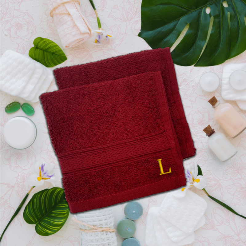 BYFT Daffodil (Burgundy) Monogrammed Face Towel (30 x 30 Cm-Set of 6) 100% Cotton, Absorbent and Quick dry, High Quality Bath Linen-500 Gsm Golden Thread Letter "L"