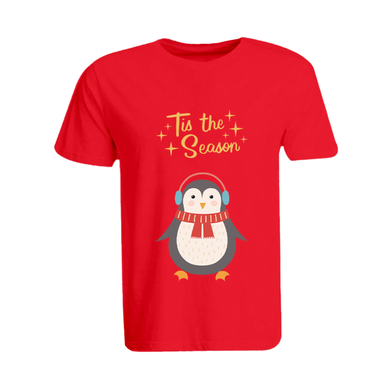 

BYFT (Red) Holiday Themed Printed Cotton T-shirt (Tis The Season Penguin) Unisex Personalized Round Neck T-shirt (2XL)-Set of 1 pc-190 GSM