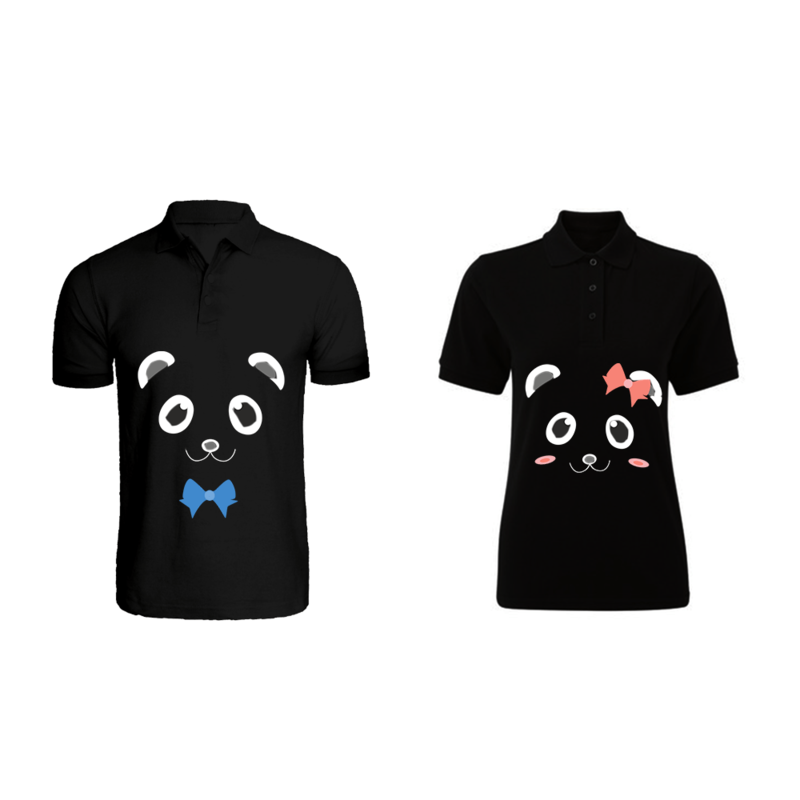 

BYFT (Black) Couple Printed Cotton T-shirt (Mr. & Mrs. Panda) Personalized Polo Neck T-shirt (Large)-Set of 2 pcs-220 GSM