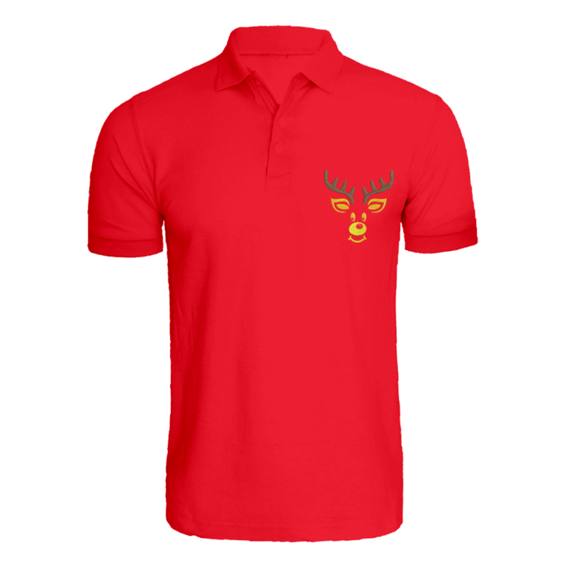 

BYFT (Red) Holiday Themed Embroidered Cotton T-shirt (Reindeer) Unisex Personalized Polo Neck T-shirt (XL)-Set of 1 pc-220 GSM