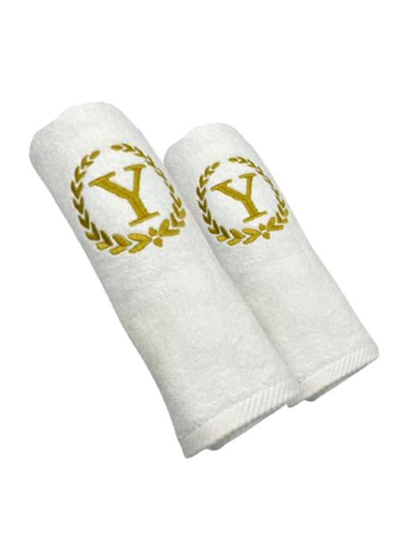 BYFT 2-Piece 100% Cotton Embroidered Letter Y Bath & Hand Towel Set, White/Gold