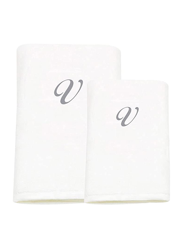 BYFT 2-Piece 100% Cotton Embroidered Letter V Bath & Hand Towel Set, White/Silver