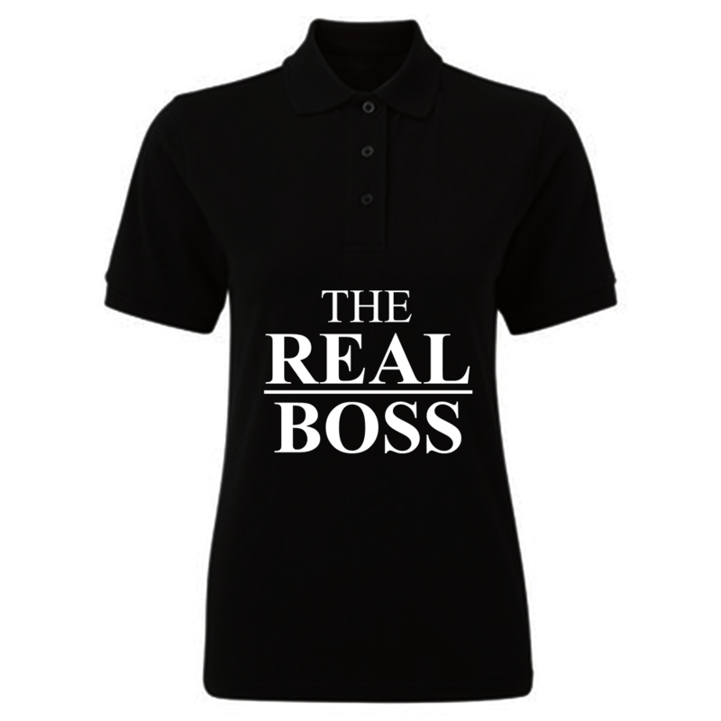 BYFT (Black) Printed Cotton T-shirt (The Real Boss) Personalized Polo Neck T-shirt For Women (Small)-Set of 1 pc-220 GSM