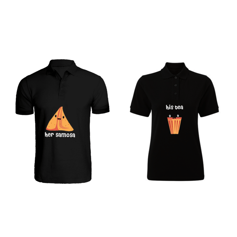 BYFT (Black) Couple Printed Cotton T-shirt (His Tea & Her Samosa) Personalized Polo Neck T-shirt (XL)-Set of 2 pcs-220 GSM