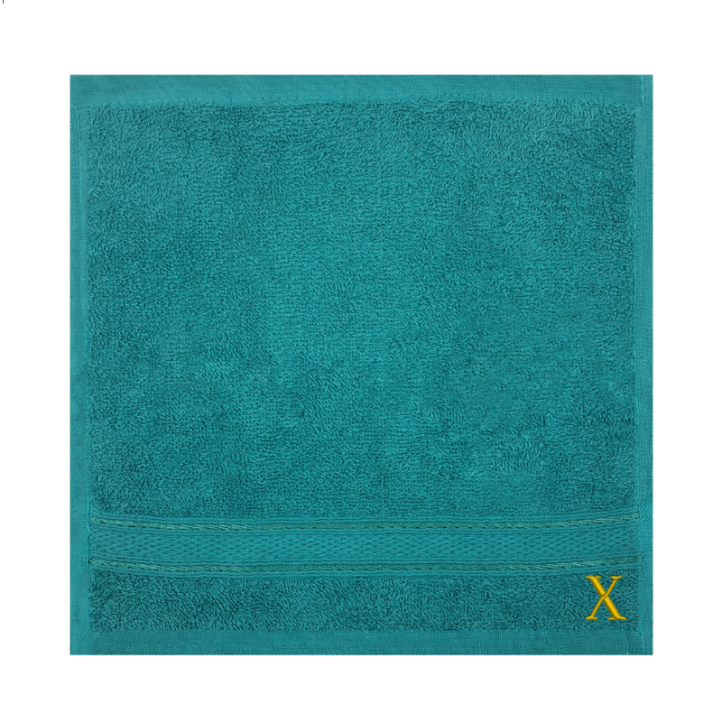 BYFT Daffodil (Turquoise Blue) Monogrammed Face Towel (30 x 30 Cm-Set of 6) 100% Cotton, Absorbent and Quick dry, High Quality Bath Linen-500 Gsm Golden Thread Letter "X"
