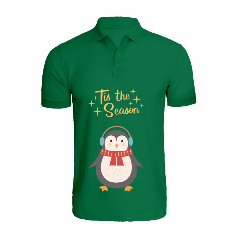 

BYFT (Green) Holiday Themed Printed Cotton T-shirt (Tis The Season Penguin) Unisex Personalized Polo Neck T-shirt (XL)-Set of 1 pc-220 GSM