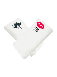BYFT 2-Piece 100% Cotton Embroidered Pink Hers Lips & His Mustache Bath Towel, 70 x 140cm, White