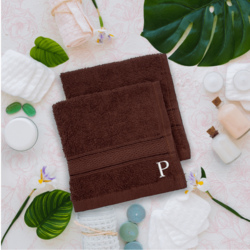 BYFT Daffodil (Brown) Monogrammed Face Towel (30 x 30 Cm-Set of 6) 100% Cotton, Absorbent and Quick dry, High Quality Bath Linen-500 Gsm White Thread Letter "P"