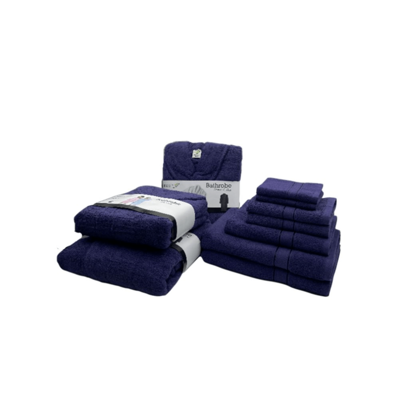 Daffodil(Navy Blue)100% Cotton Premium Bath Linen Set(2 Face,2 Hand,2 Adult & 1 Kids Bath Towels with 2 Adult & 1,10yr Kids Bathrobe)Super Soft,Quick Dry & Highly Absorbent Family Pack of 10Pc
