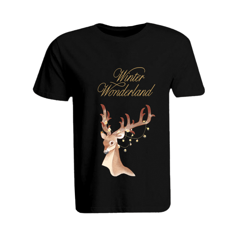 BYFT (Black) Holiday Themed Printed Cotton T-shirt (Winter Wonderland Deer) Unisex Personalized Round Neck T-shirt (Small)-Set of 1 pc-190 GSM