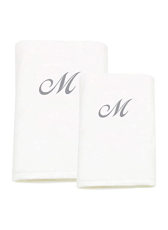 BYFT 2-Piece 100% Cotton Embroidered Letter M Bath and Hand Towel Set, White/Silver