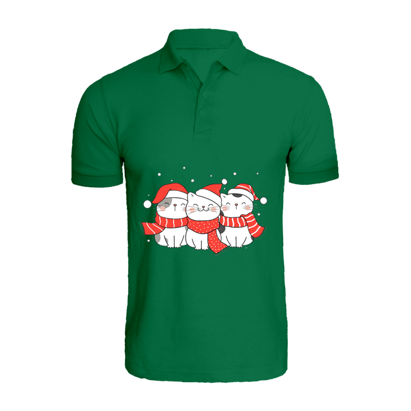 

BYFT (Green) Holiday Themed Printed Cotton T-shirt (Three Cats With Scarf & Christmas Cap) Unisex Personalized Polo Neck T-shirt (Medium)-Set of 1 pc-