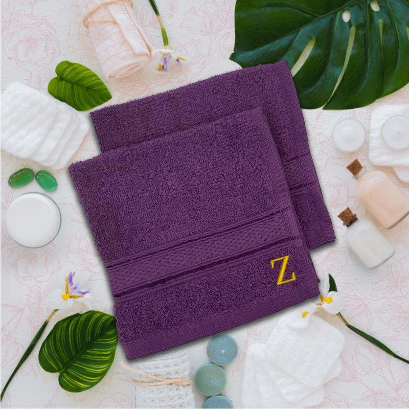 BYFT Daffodil (Purple) Monogrammed Face Towel (30 x 30 Cm-Set of 6) 100% Cotton, Absorbent and Quick dry, High Quality Bath Linen-500 Gsm Golden Thread Letter "Z"