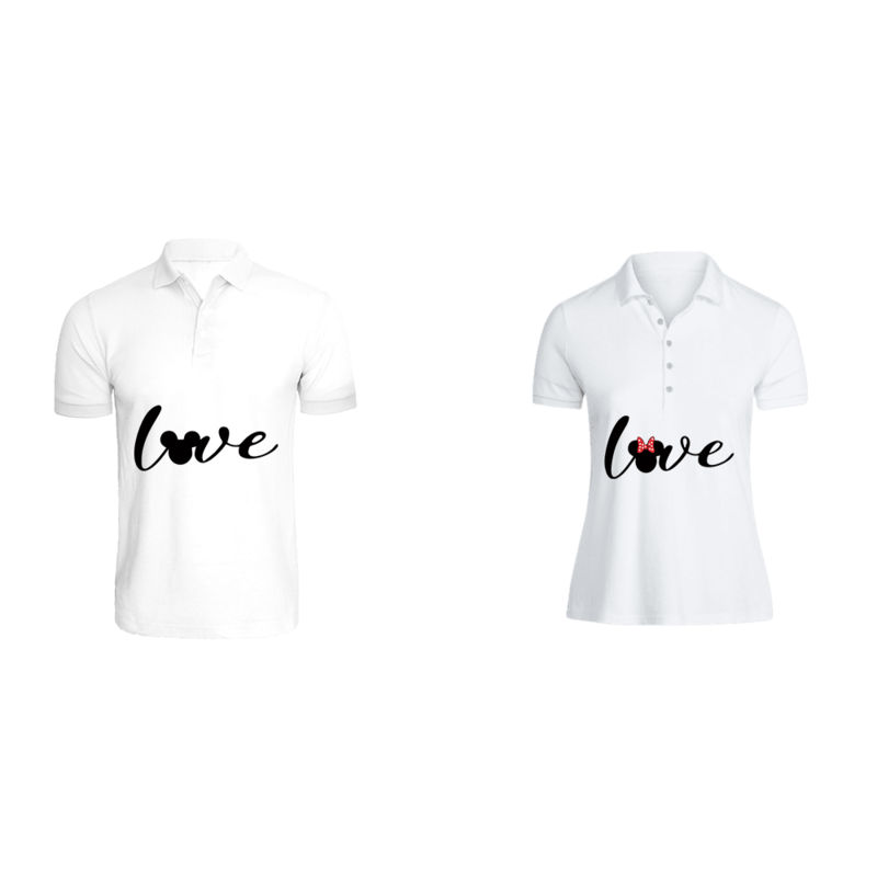 BYFT (White) Couple Printed Cotton T-shirt (Mickey & Minnie Love) Personalized Polo Neck T-shirt (Medium)-Set of 2 pcs-220 GSM