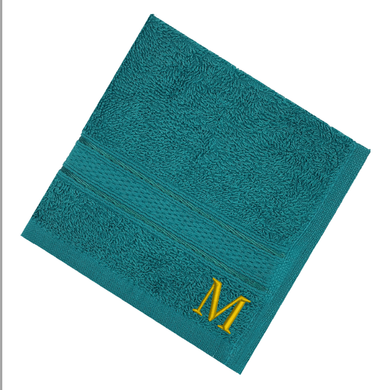 BYFT Daffodil (Turquoise Blue) Monogrammed Face Towel (30 x 30 Cm-Set of 6) 100% Cotton, Absorbent and Quick dry, High Quality Bath Linen-500 Gsm Golden Thread Letter "M"