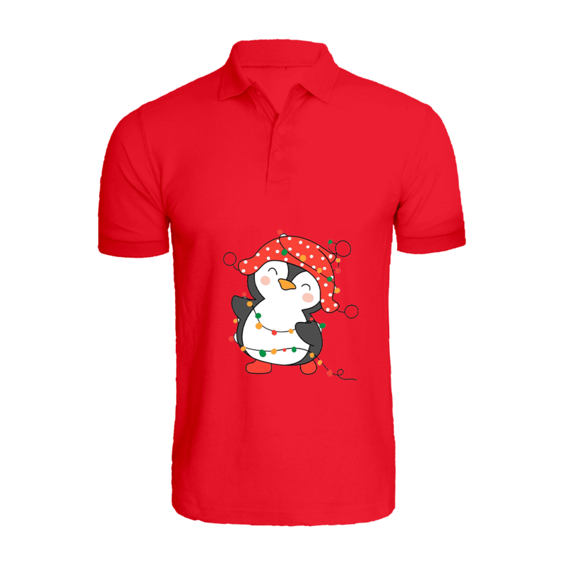 

BYFT (Red) Holiday Themed Printed Cotton T-shirt (Penguin Entangled in String Lights) Unisex Personalized Polo Neck T-shirt (Medium)-Set of 1 pc-220 G