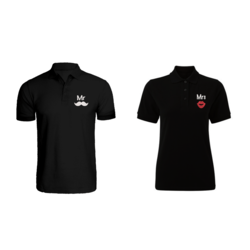 BYFT (Black) Couple Embroidered Cotton T-shirt (Mr. Moustache & Mrs. Lips) Personalized Polo Neck T-shirt (2XL)-Set of 2 pcs-220 GSM