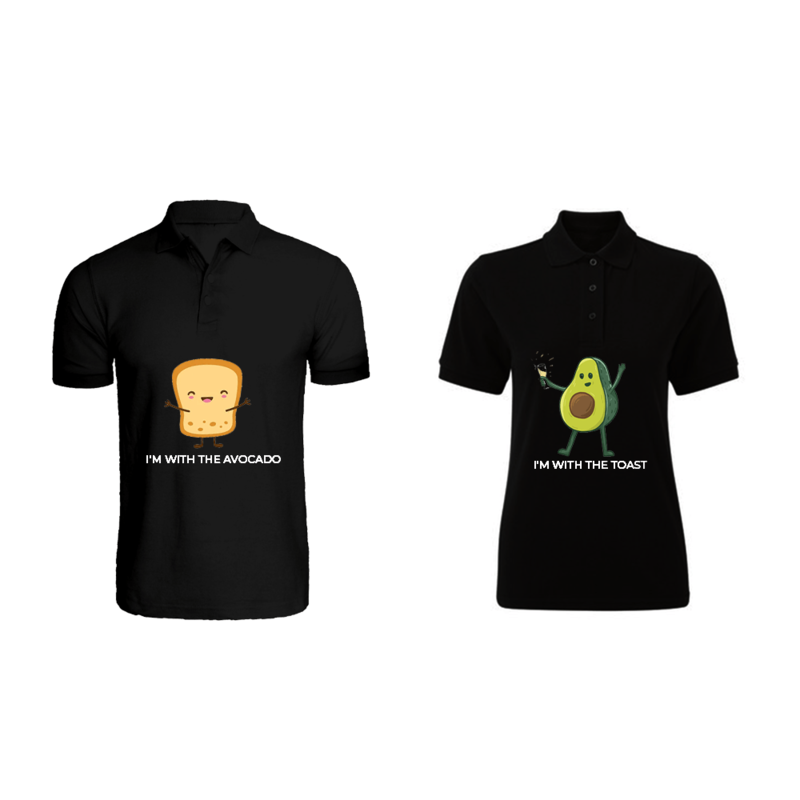 BYFT (Black) Couple Printed Cotton T-shirt (The Avocado to My Toast) Personalized Polo Neck T-shirt (Small)-Set of 2 pcs-220 GSM