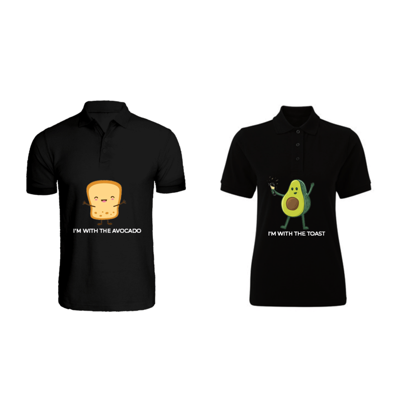 

BYFT (Black) Couple Printed Cotton T-shirt (The Avocado to My Toast) Personalized Polo Neck T-shirt (Small)-Set of 2 pcs-220 GSM